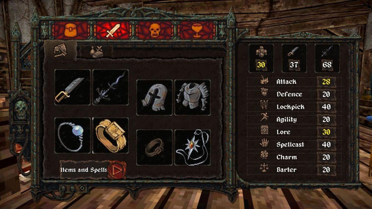 Inventory and stat screens
